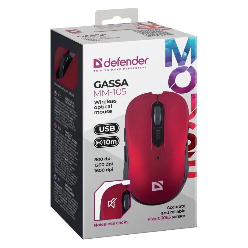 Kabellose RF Silent-Maus DEFENDER Gassa MM-105 — Beidhändig, 1600 DPI, 2,4 GHz, Nano-USB-Empfänger