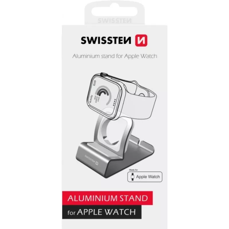 Aluminiumständer SWISSTEN 25005100 für Apple Watch — kompatibler Ladehalter, silber