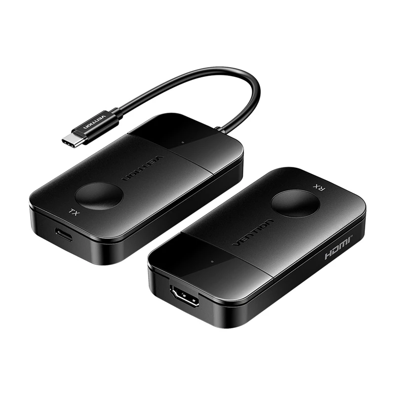 USB-C-zu-HDMI Funk-Transmitter/Empfänger Vention ADOBB — 4K@30Hz, 1×HDMI, USB-C-Kabel 1 m, schwarz