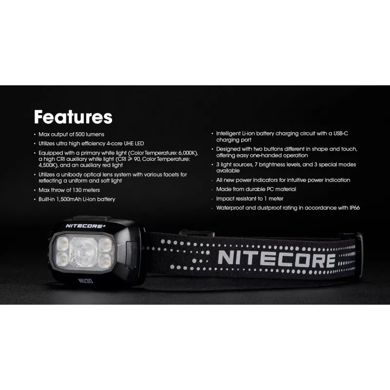 Stirnlampe Nitecore NU30 — kompakte, tragbare LED-Stirnlampe, bis zu 500 Lumen, mehrere Leistungsstufen, Rotlichtmodus