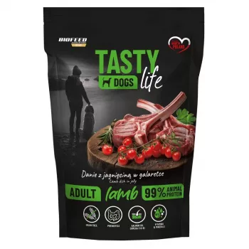 Nassfutter für Hunde BIOFEED Tasty Life Lamm 90% 500 g Beutel für ausgewachsene Hunde, Alleinfutter, soja- und zuckerfrei