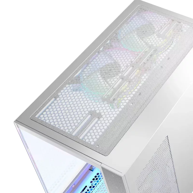 PC-Gehäuse MODECOM Volcano Panorama Midi Tower weiß — micro ATX, gehärtetes Glas, ARGB, USB-C, unterstützt GPU 400 mm