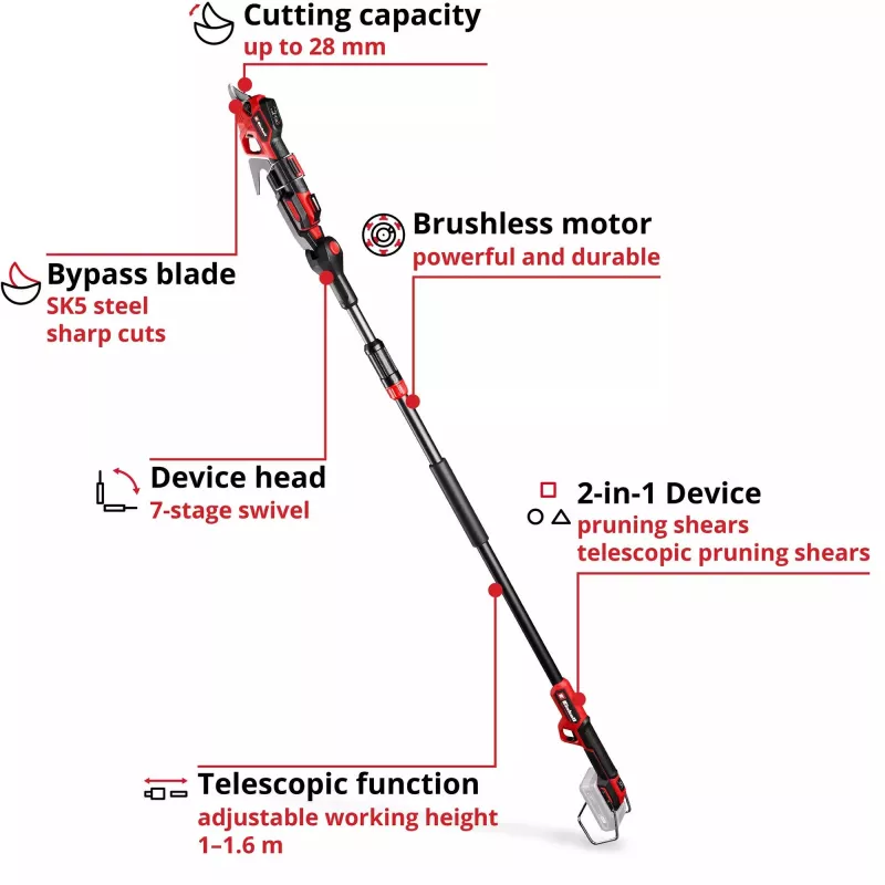Astschere EINHELL GP-LS 18/28 Li T BL-Solo — kabellose Teleskop-Bypass-Astschere, 18 V, Schnittleistung 2,8 cm, Aluminiumgriff