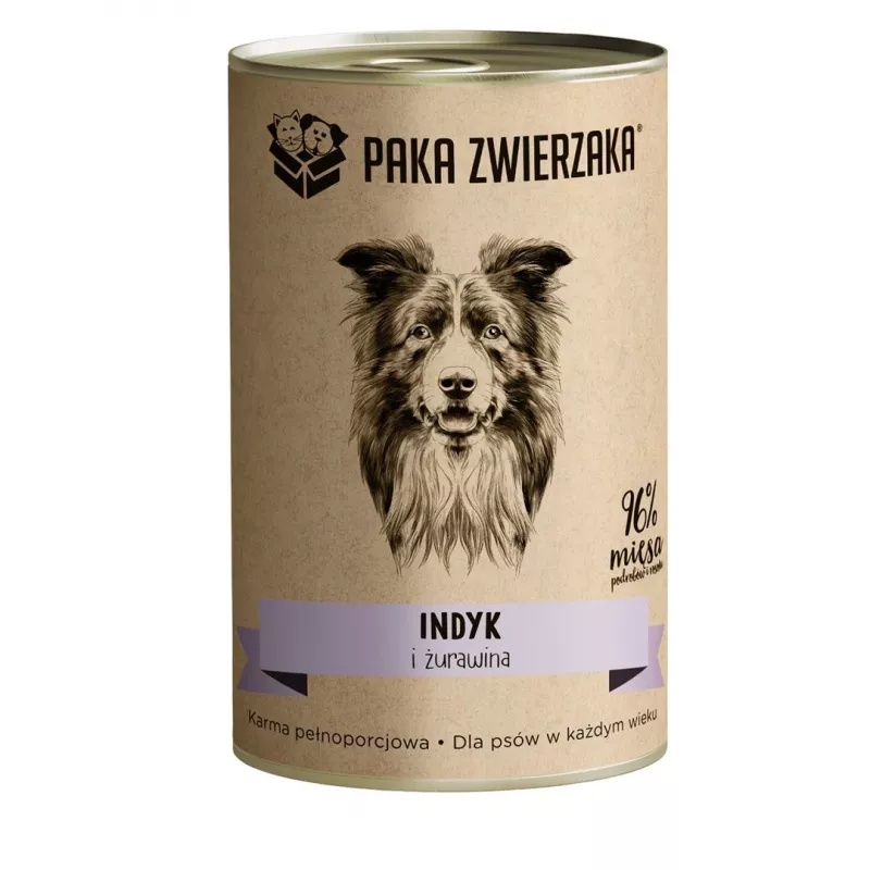Nassfutter für Hunde PAKA ZWIERZAKA Truthahn und Preiselbeeren 400 g Dose, Monoprotein, gluten- und sojafrei