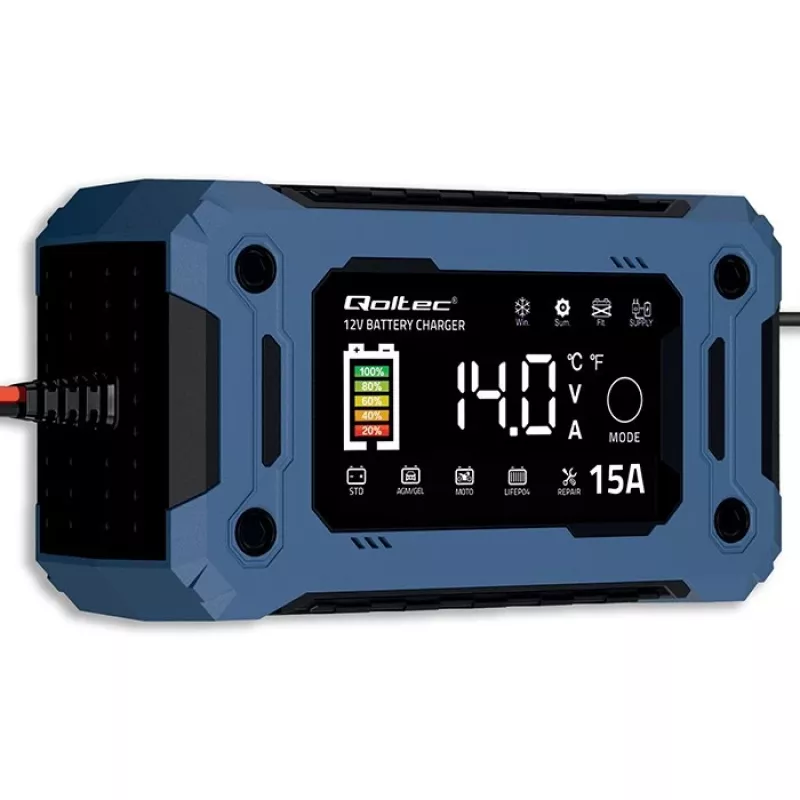 Intelligentes 12V 15A Ladegerät QOLTEC mit Mikroprozessor und LCD — für AGM-, GEL-, SLA-, EFB-, LiFePO4-Batterien