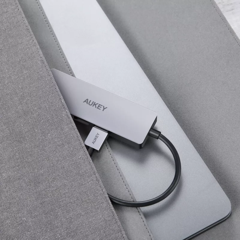 USB-Hub Aukey CB-H36 — 4-Port USB 3.2 Gen 1 Typ-A, Host USB 2.0, 5000 Mbit/s, Aluminium Silber