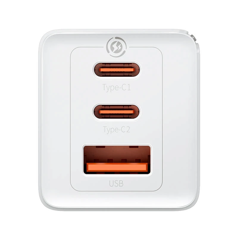 Wandladegerät Baseus GaN5 Pro 65W — USB + 2×USB-C (QC3.0, PD3.0) mit 1m USB-C-Kabel, weiß