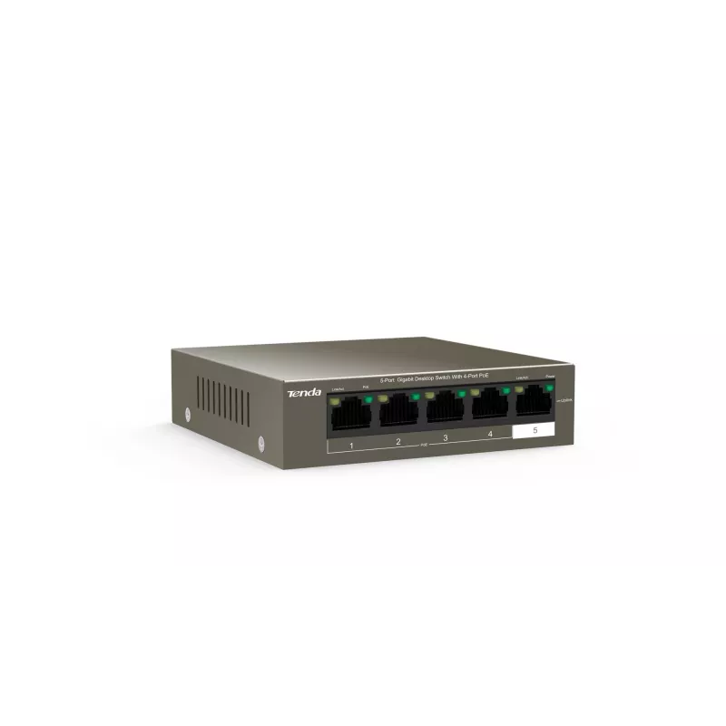 Netzwerk-Switch TENDA TEG1105P-4-63W-EU, 5x Gigabit RJ-45, 4x PoE (57,8 W gesamt), 10 Gbit/s Switching