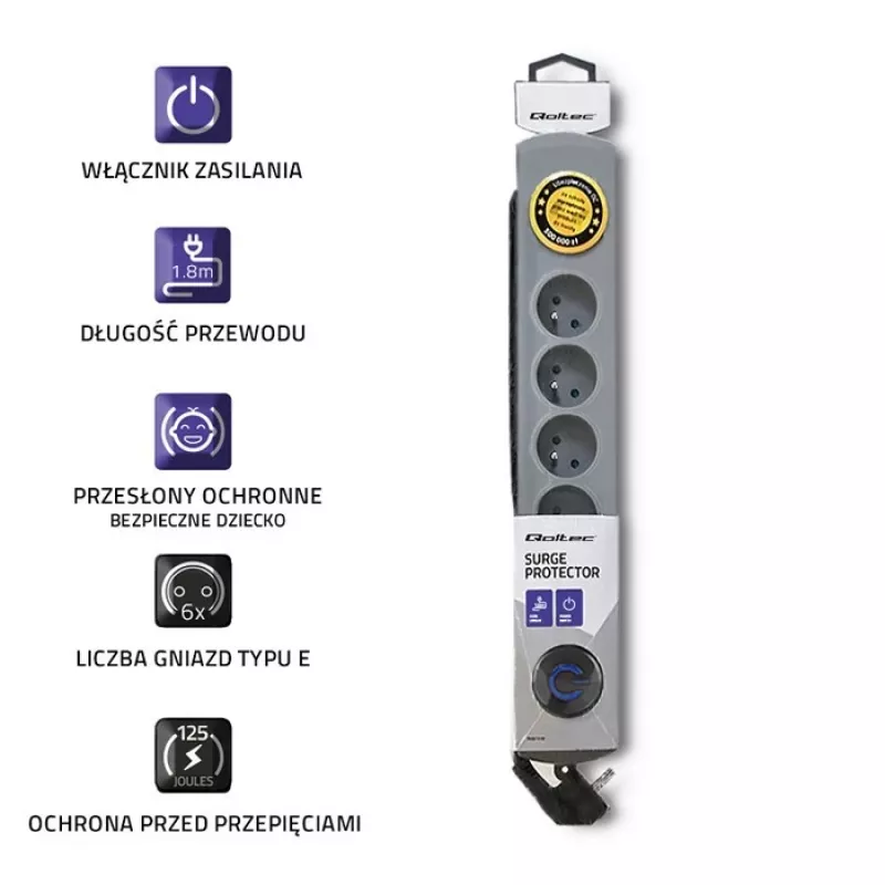 Überspannungsschutz Qoltec 50165 Grau 6 AC-Steckdosen 230 V 1,8 m