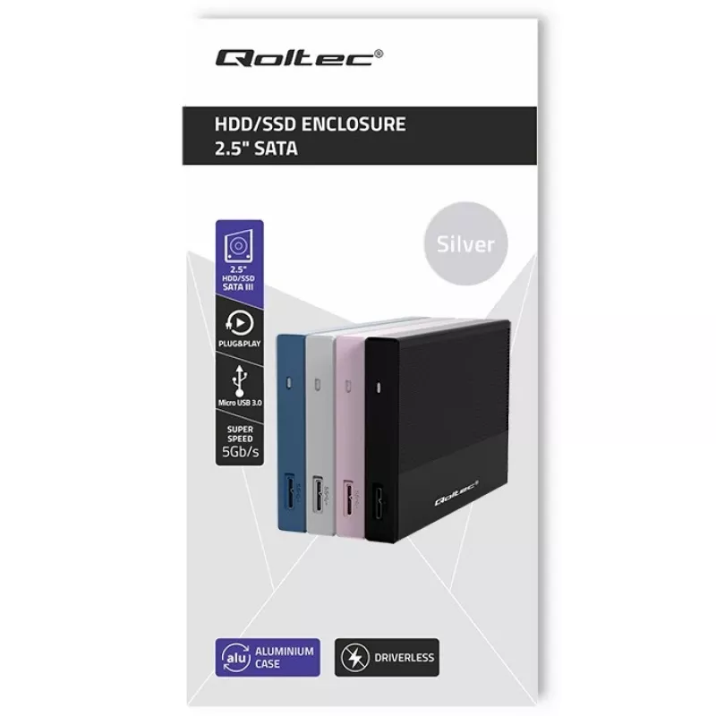 Gehäuse für 2,5-Zoll-SATA-SSD/HDD QOLTEC 52278 USB 3.0, unterstützt bis zu 2 TB