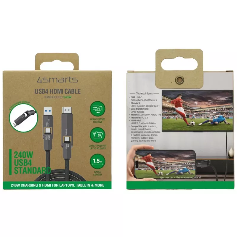 USB4 HDMI-Kabel 4smarts ComboCord 240W 1,5 m – USB4 auf HDMI, 240W Stromversorgung, 1,5 m Länge