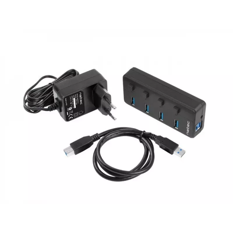 USB-Hub NATEC MANTIS USB 2.0 Type-B — 4x USB 3.2 Gen 1 Type-A Anschlüsse, schwarz, 0,8 m Kabel, Netzteil, Netzschalter