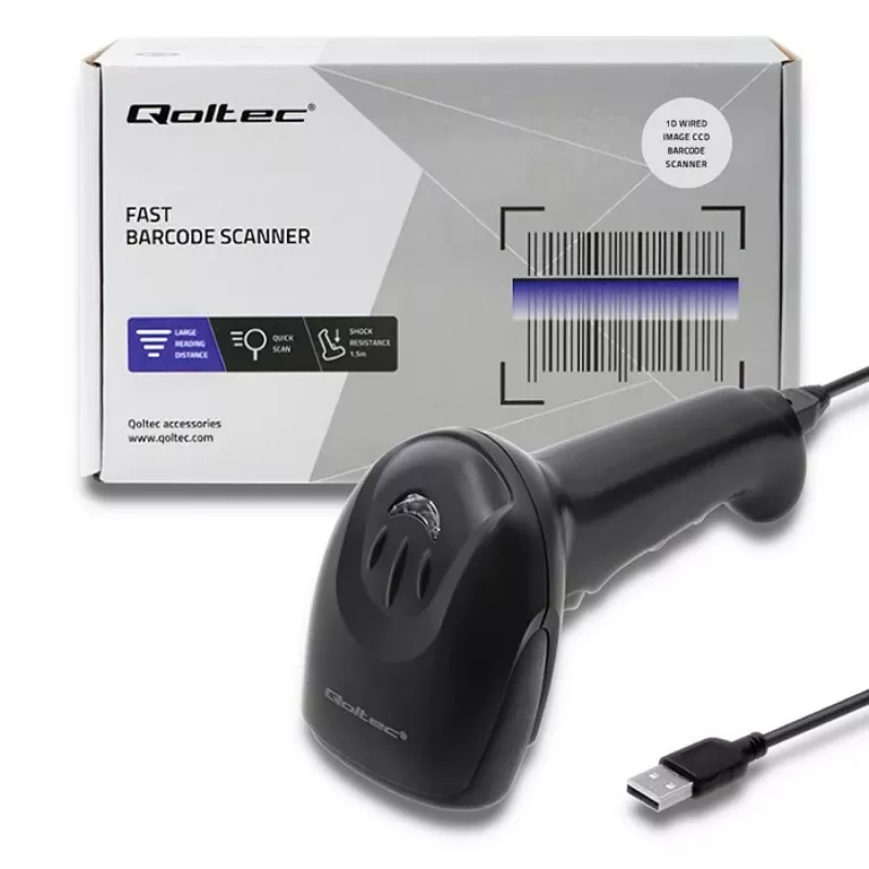 Handheld-Barcodeleser QOLTEC 50866 — 1D-Laserscanner, USB kabelgebunden, 600 mm Reichweite, schwarz, 161,5×88×77 mm