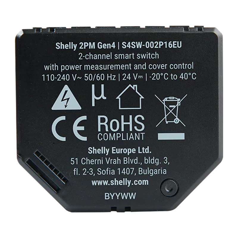 Shelly 2PM Gen4 Rollladen-/Jalousieaktor 2 Kanäle, AC 110–240V, 2,4 GHz Wi‑Fi, 1,4 W, 8000 KB Flash
