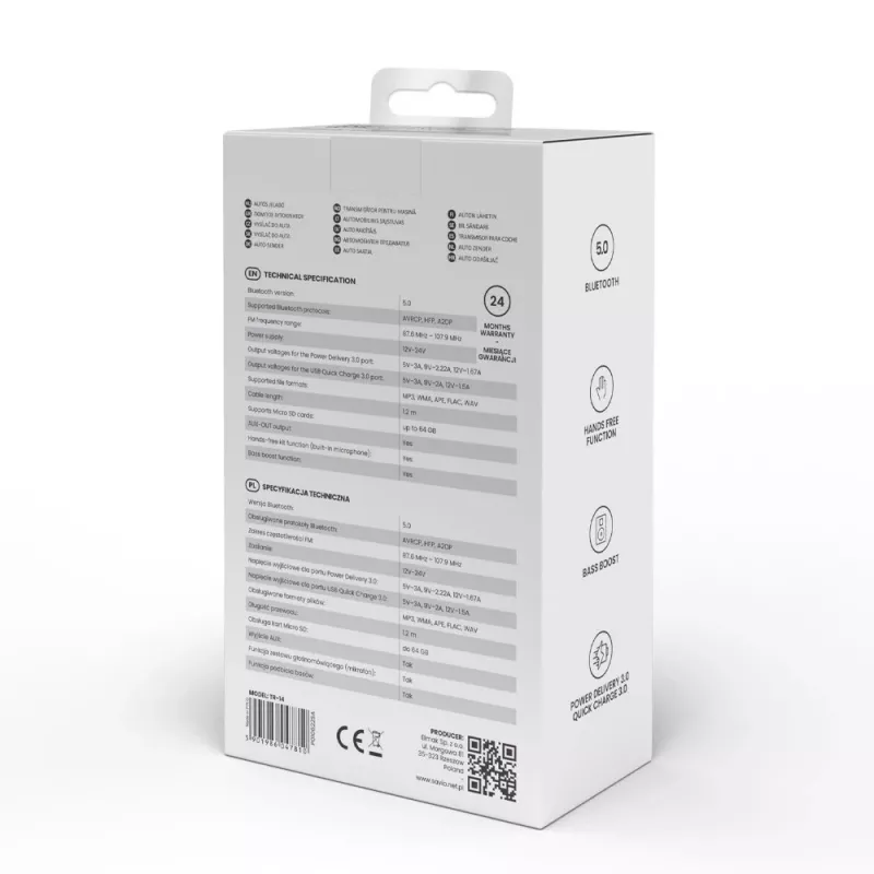 FM-Transmitter SAVIO TR-14 Bluetooth USB, FM 87,6–107,9 MHz, MicroSD, USB-C, 12 V Autostrom