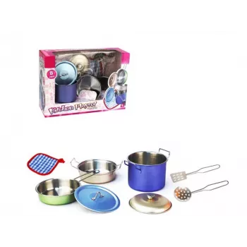 Metallküchenset 8-teilig von Madej — Spielzeug-Metallkochgeschirr und -utensilien, Spielküchenzubehör