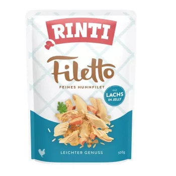 Nassfutter für Hunde RINTI Filetto Hühnerfilet mit Lachs 100 g Beutel, Alleinfuttermittel für ausgewachsene Hunde, 82 % Feuchtigkeit, 14 % Protein