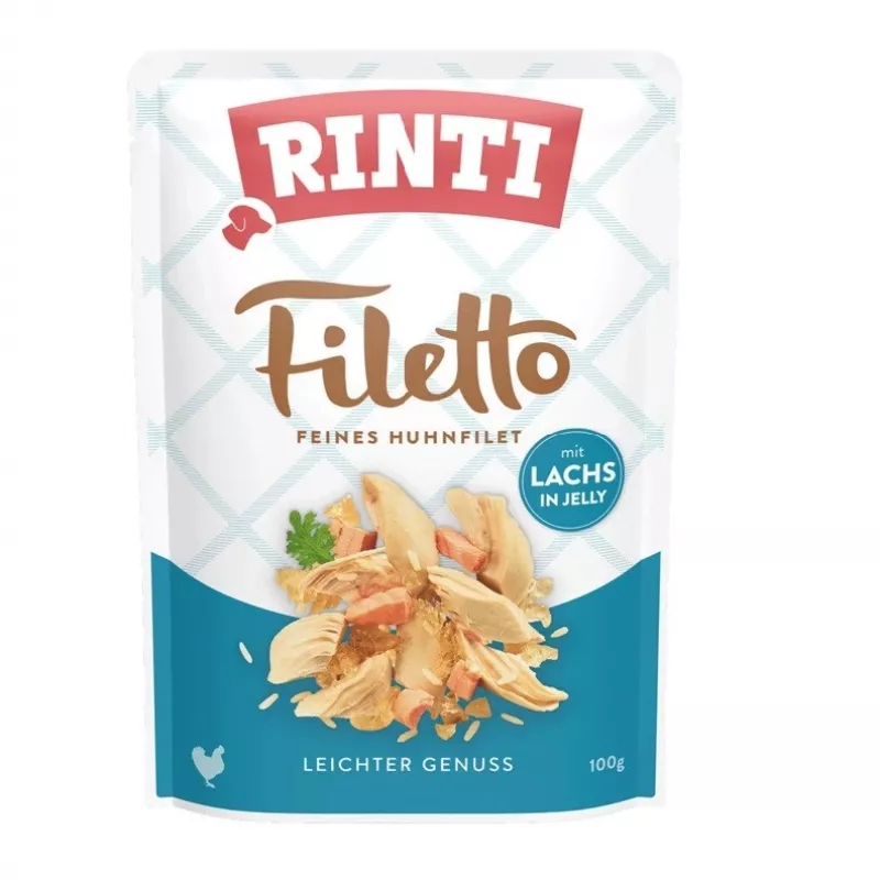 Nassfutter für Hunde RINTI Filetto Hühnerfilet mit Lachs 100 g Beutel, Alleinfuttermittel für ausgewachsene Hunde, 82 % Feuchtigkeit, 14 % Protein
