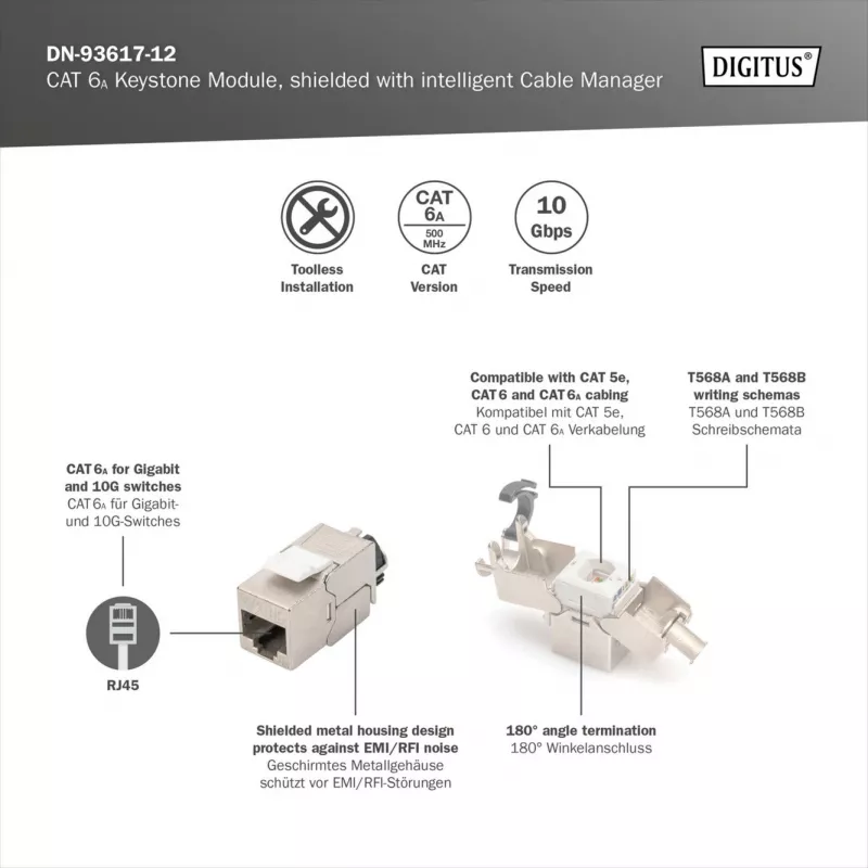 Keystone-Modul DIGITUS CAT 6A geschirmt mit intelligentem Kabelmanager, flach RJ-45, 14,5×34,5×21 mm – 12 Stk.