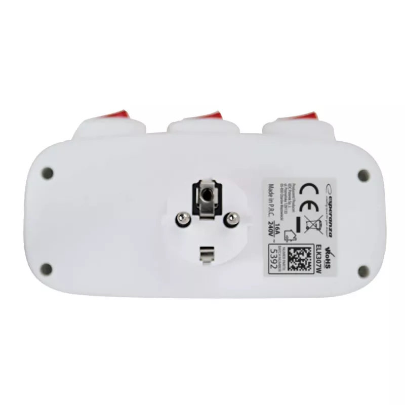 Stromverteiler ESPERANZA ELK307W — 3-fach geschalteter Innenadapter, Stecker Typ E, 220–240 V, 16 A, 3680 W, weiß