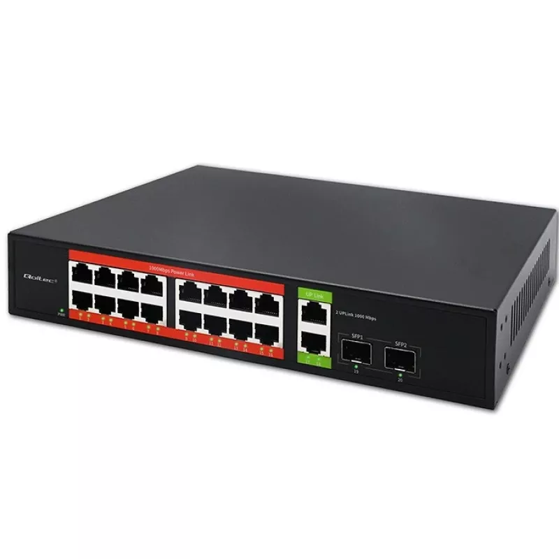 Netzwerk-Switch QOLTEC 52292 — Gigabit Ethernet PoE, 16x RJ45, 2x RJ45-Uplink, 2x SFP