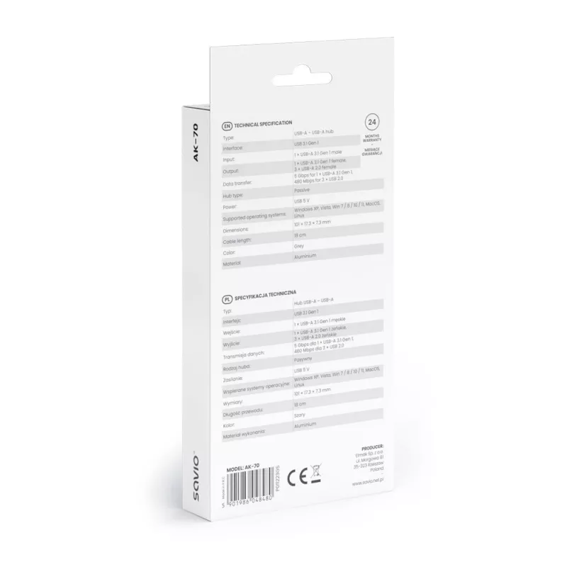 USB-Hub SAVIO AK-70, 7-Port USB 3.0, 4 nutzbare Ports, USB Typ-A Host, 5 Gbit/s Übertragung, Garantie 2 Jahre