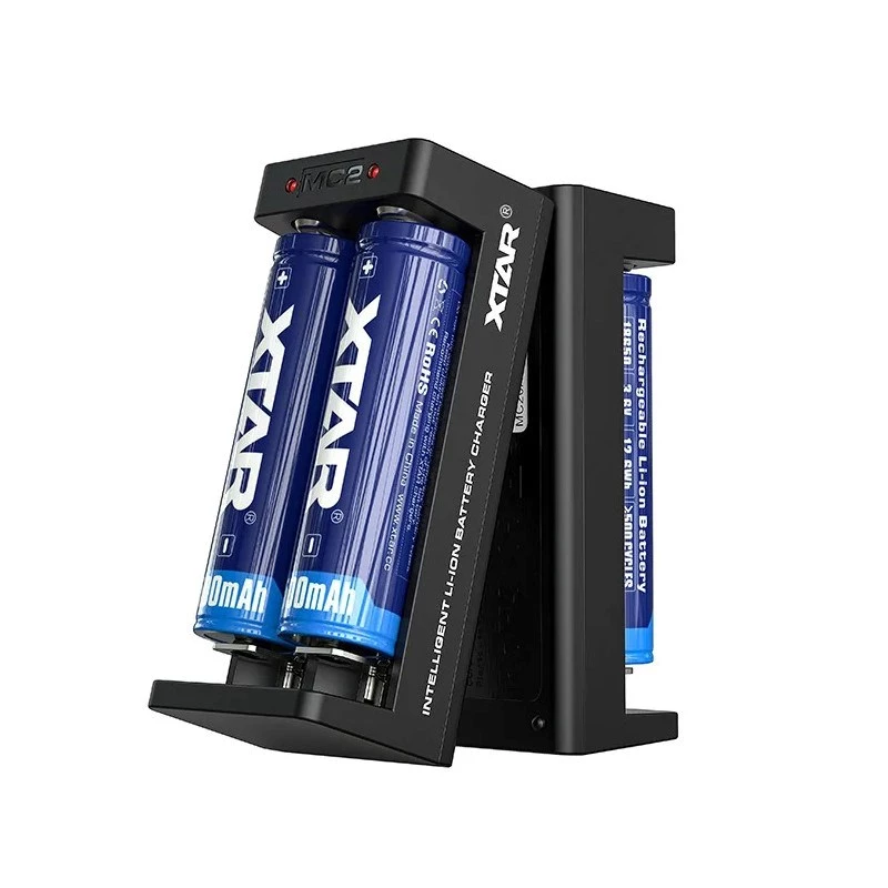XTAR Dual-Slot Li-Ion-Akkuladegerät für 18650 Zellen, USB-C-Eingang, 2 Schächte, schwarz, LED-Anzeigen