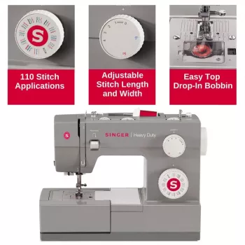 Nähmaschine SINGER Heavy Duty 4432 — elektrisch, 32 Stichmuster, 1-Stufen-Knopfloch, Freiarm, grau