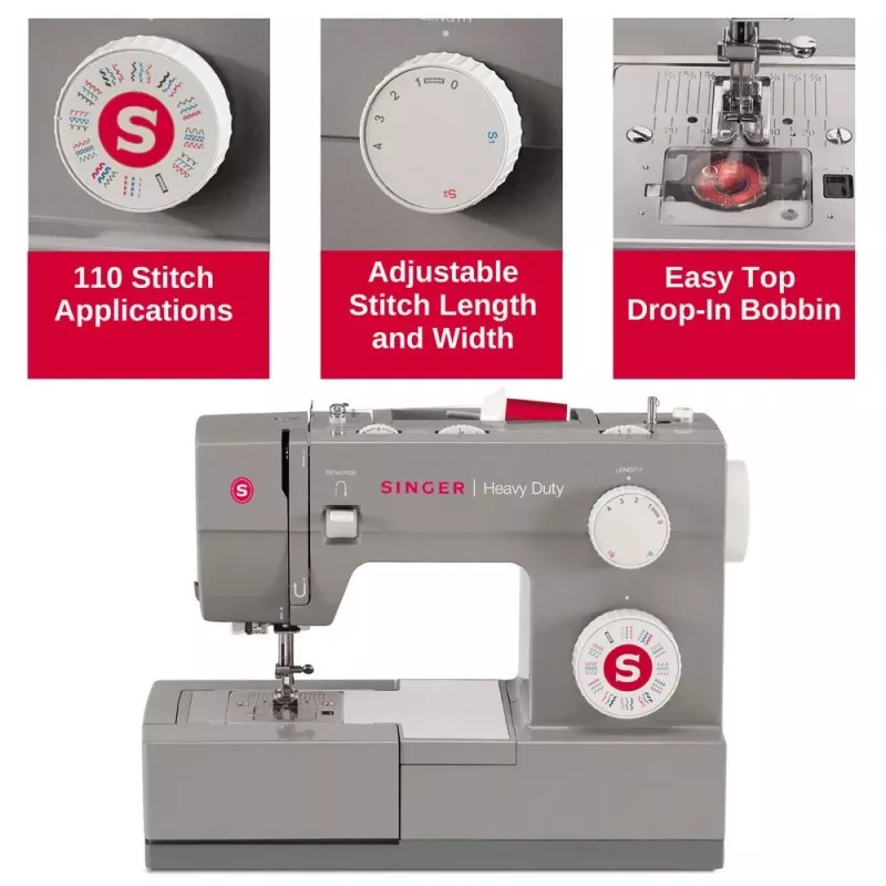 Nähmaschine SINGER Heavy Duty 4432 — elektrisch, 32 Stichmuster, 1-Stufen-Knopfloch, Freiarm, grau