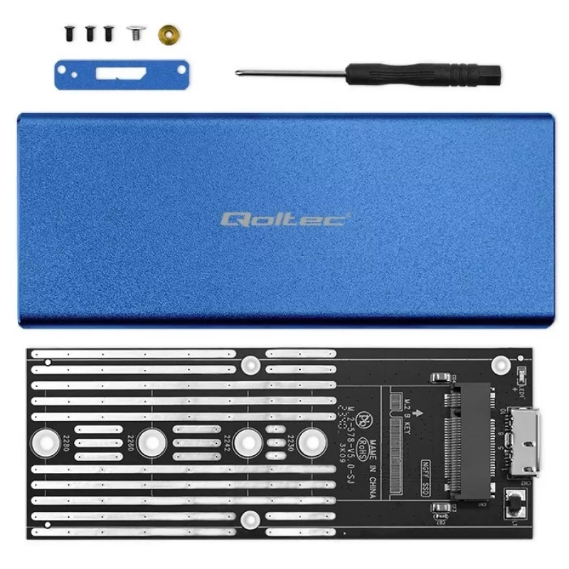 SSD-Gehäuse QOLTEC 51832 — externes M.2 SATA, USB 3.0, bis zu 2 TB, blau, unterstützt 30-mm-Laufwerke, 4 Steckplätze