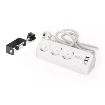 Mehrfachsteckdose DIGITUS 3-fach mit 2×USB-A und 1×USB-C, 3 AC-Steckdosen Typ E/F, 1,5 m Kabel, weiß