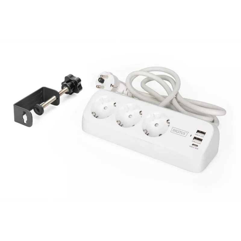 Mehrfachsteckdose DIGITUS 3-fach mit 2×USB-A und 1×USB-C, 3 AC-Steckdosen Typ E/F, 1,5 m Kabel, weiß