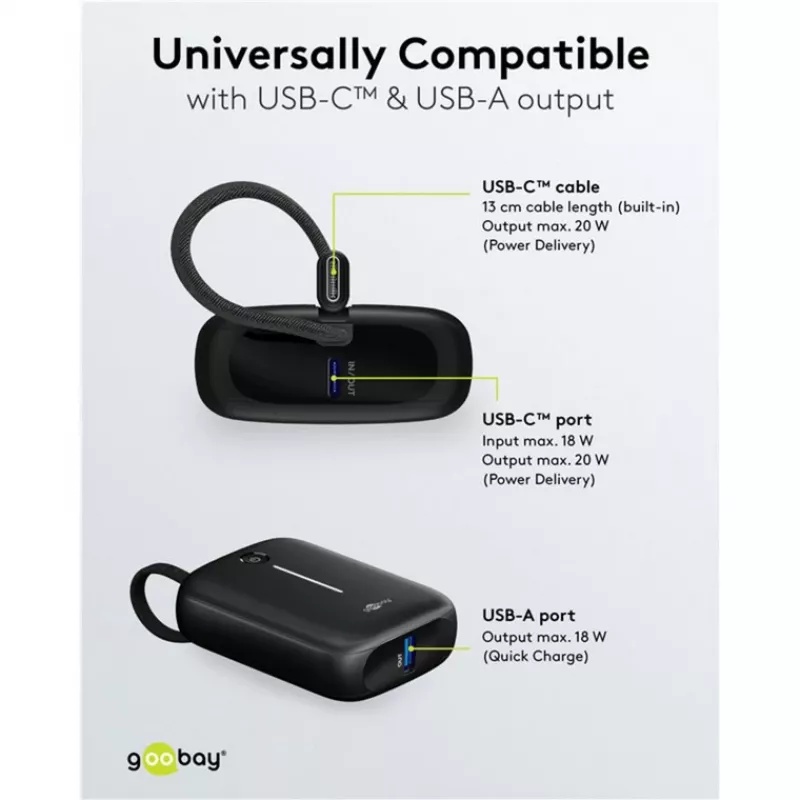 Tragbare Powerbank Goobay 10.000 mAh mit integriertem USB-C-Kabel – 20 W kompakt für unterwegs (76251)