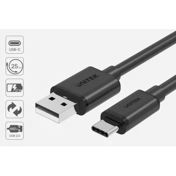 USB-A-auf-USB-C-Kabel Unitek C14068BK, 2 m, USB 2.0, schwarz, Stecker-Stecker