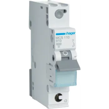 Hager MCS110. Nennstrom: 10 A. Typ: C-Charakteristik, Modulanzahl (max): 1 Modul(e). Breite: 17,5 mm, Tiefe: 70 mm, Höhe: 83,4 mm (MCS110)