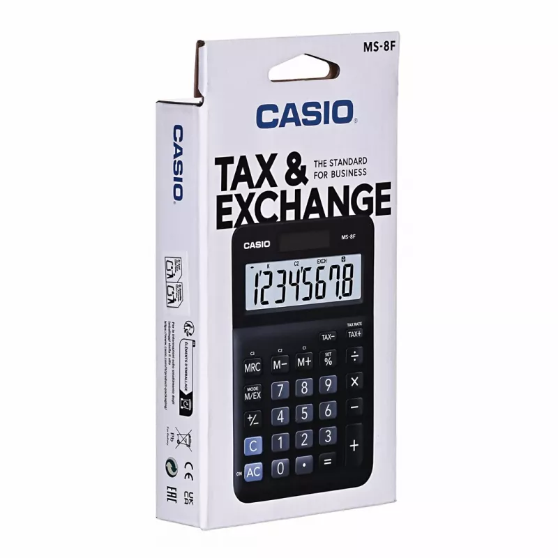 Desktop Basisrechner CASIO MS-8F – 8-stellig, Batterie/Solar, 26 Tasten, Währungs- & Steuerfunktionen, Gewinnberechnung, schwarz