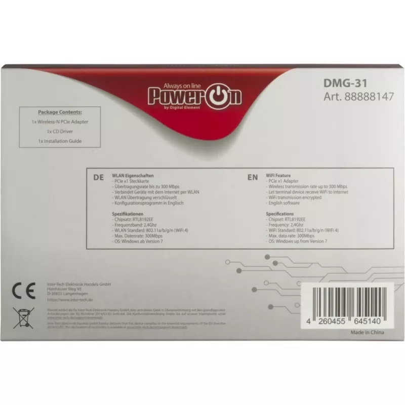 Inter-Tech DMG-31 - Einbau - Kabellos - PCI Express - Wi-Fi - Wi-Fi 4 (802.11n) - 300 Mbit/s (88888147)