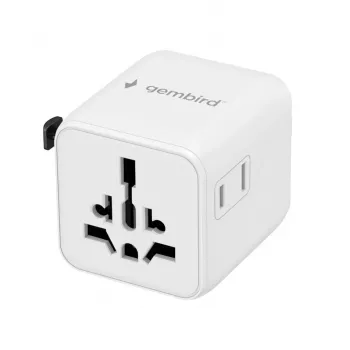 Universeller Reiseadapter GEMBIRD TPA-INT-01-W — Eingang 100–250 V, Typ-G-Stecker, kompakte Abmessungen 84×56×85 mm