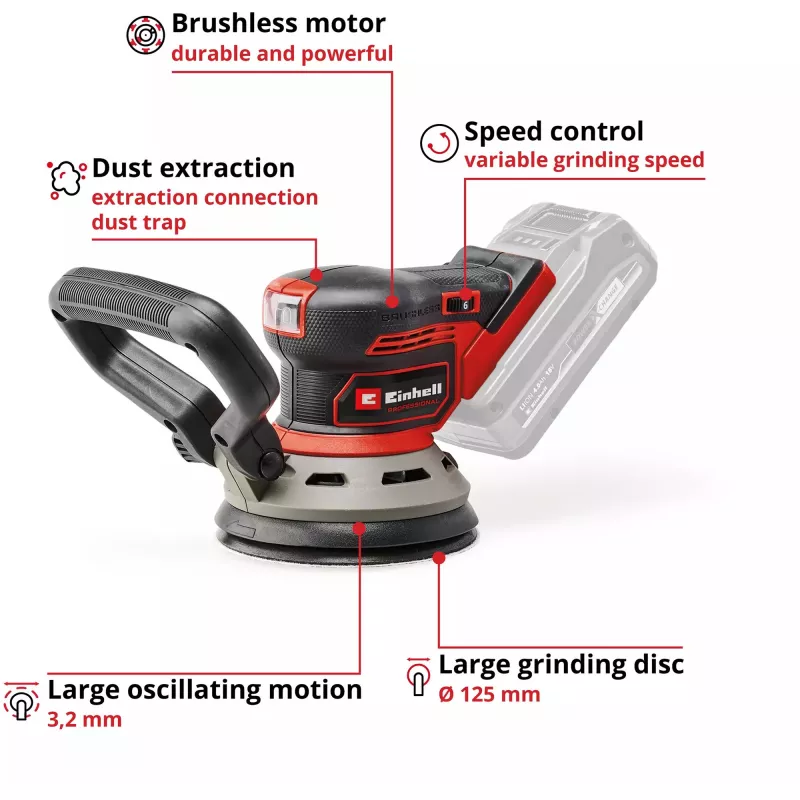 Bodenschleifmaschine EINHELL TP‑RS 18/32 Li BL Solo — 24.000 U/min, Schwarz/Rot, 1,11 kg