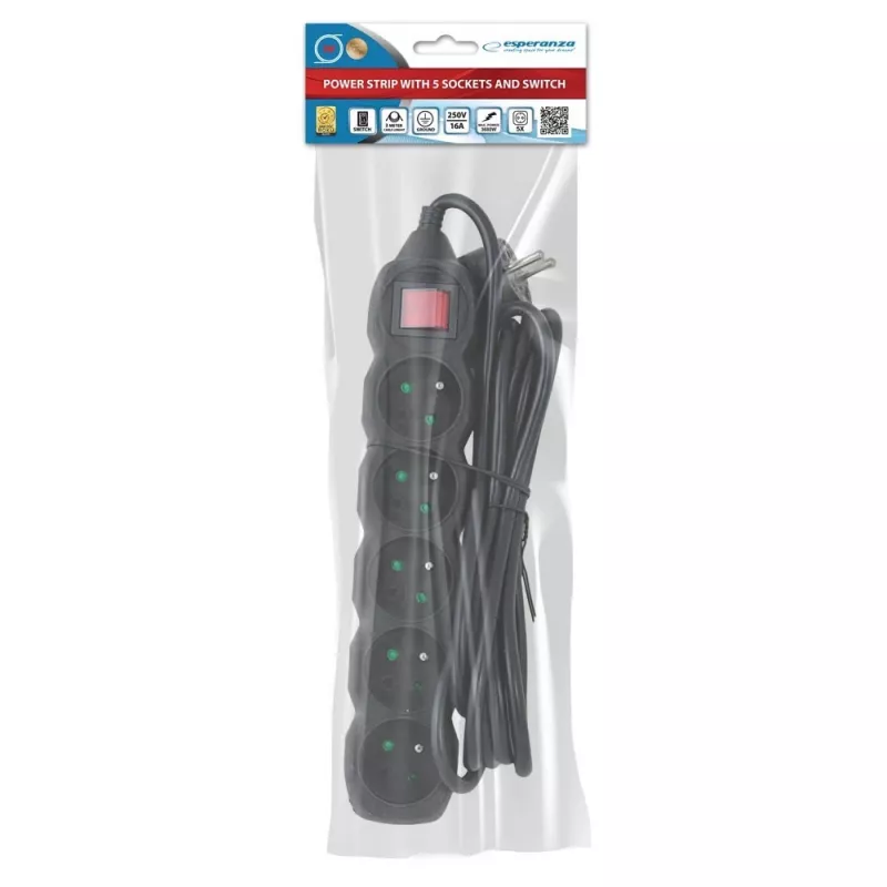 Power-Verlängerung ESPERANZA ELK215K – 3 m Kabel, 5 Typ-E-Schutzkontaktsteckdosen, für den Innenbereich, schwarz