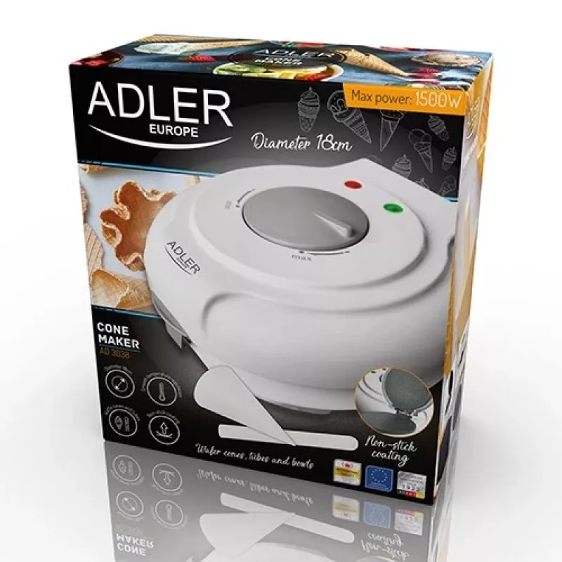 Waffeleisen Adler AD 3038 – einzelne runde Waffel, 1500 W, einstellbarer Thermostat, Antihaft-Platten, grau/weiß