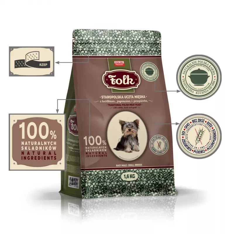 FOLK Small breeds Traditionelles polnisches Fleischfestmahl mit Kaninchen, Lamm und Wachtel – Trockenfutter für Hunde – 1,6 kg