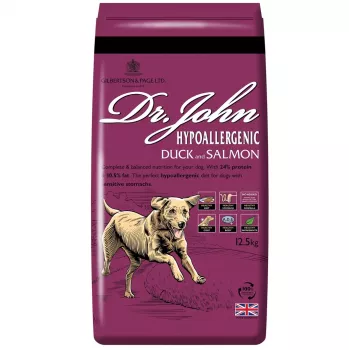 Trockenfutter für Hunde Dr. John Hypoallergenic Duck with Salmon — Alleinfuttermittel für ausgewachsene Hunde, 12,5 kg, 24 % Protein, 10,5 % Fett