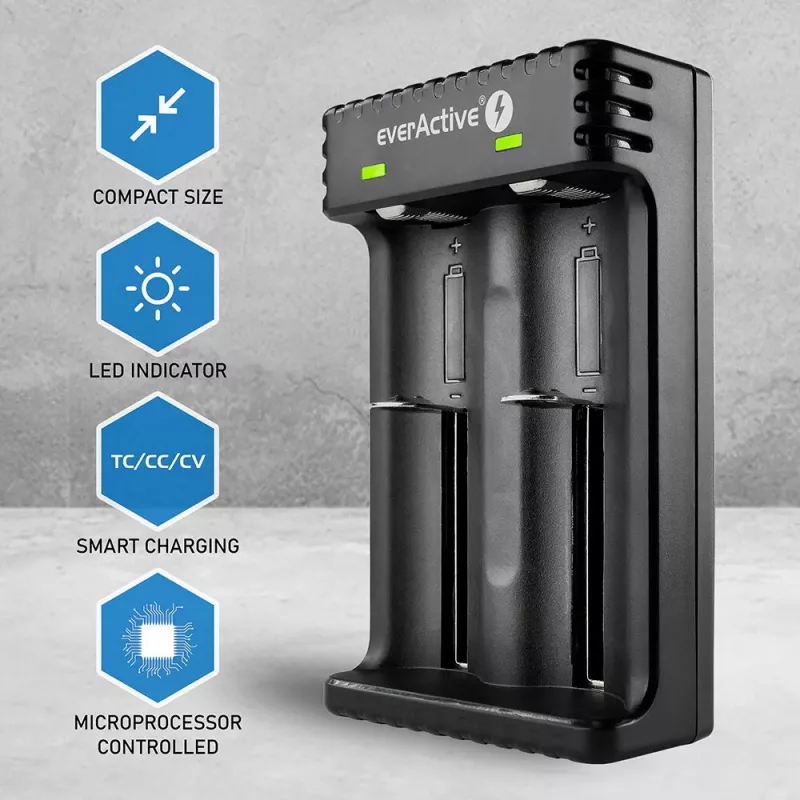 Batterieladegerät everActive LC200 Haushalt USB, 2-Schacht, Li-Ion, unterstützt A/AA/AAA/AAAA/C/D, 5 V Eingang, 4,2 V Ausgang, schwarz