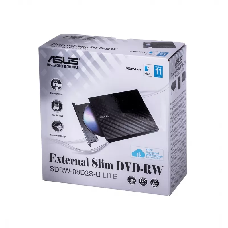 Externes DVD±RW-Optiklaufwerk ASUS SDRW-08D2S-U Lite, USB 2.0, schwarz, 24x CD / 8x DVD, 142×142×20 mm