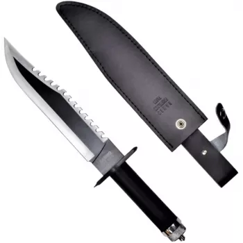 Feststehendes Überlebensmesser Cinema Classic CC-H2 — 400 mm Gesamtlänge, 250 mm Stahlklinge, glatt und gezahnt, schwarzer Griff, inklusive Lederscheide