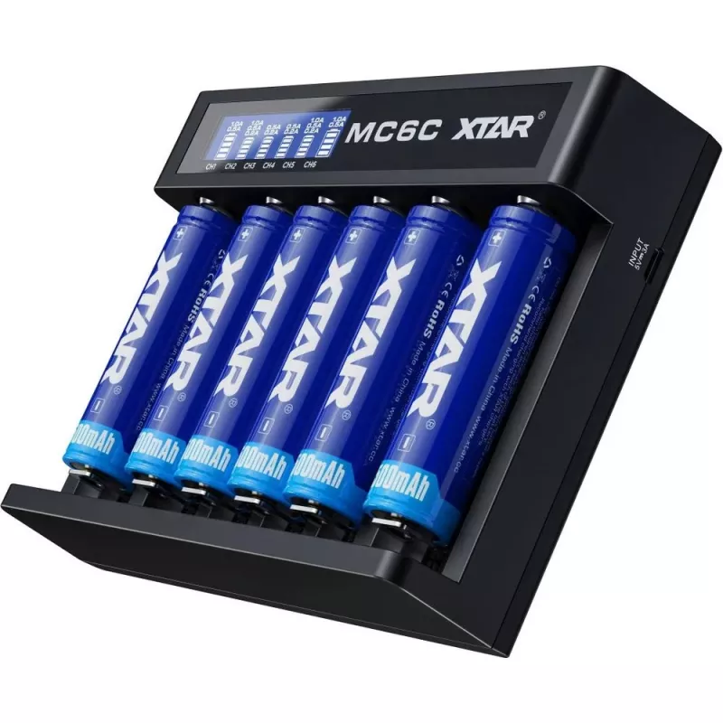 XTAR MC6C Ladegerät Multi-Slot intelligentes Ladegerät für zylindrische Li-Ion-Zellen, 6 Schächte, unterstützt 18650/21700/AA, 5V Eingang, schwarz