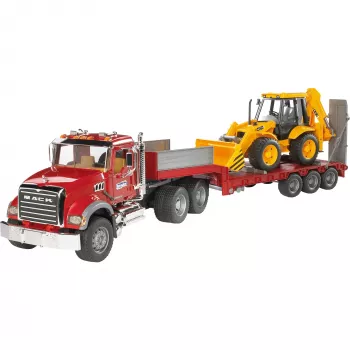 Spielzeug-Sattelzug mit JCB 4CX Zubehör, BRUDER, Modell BR-02813, ABS-Konstruktion, mehrfarbig