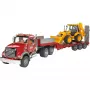 Spielzeug-Sattelzug mit JCB 4CX Zubehör, BRUDER, Modell BR-02813, ABS-Konstruktion, mehrfarbig