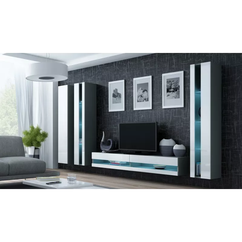 TV-Ständer Cama Meble VIGO NEW 30/140/40 — 1400×400×300 mm, graue Oberseite, Spanplatte, grauer Rahmen, weiße Hochglanzfronten